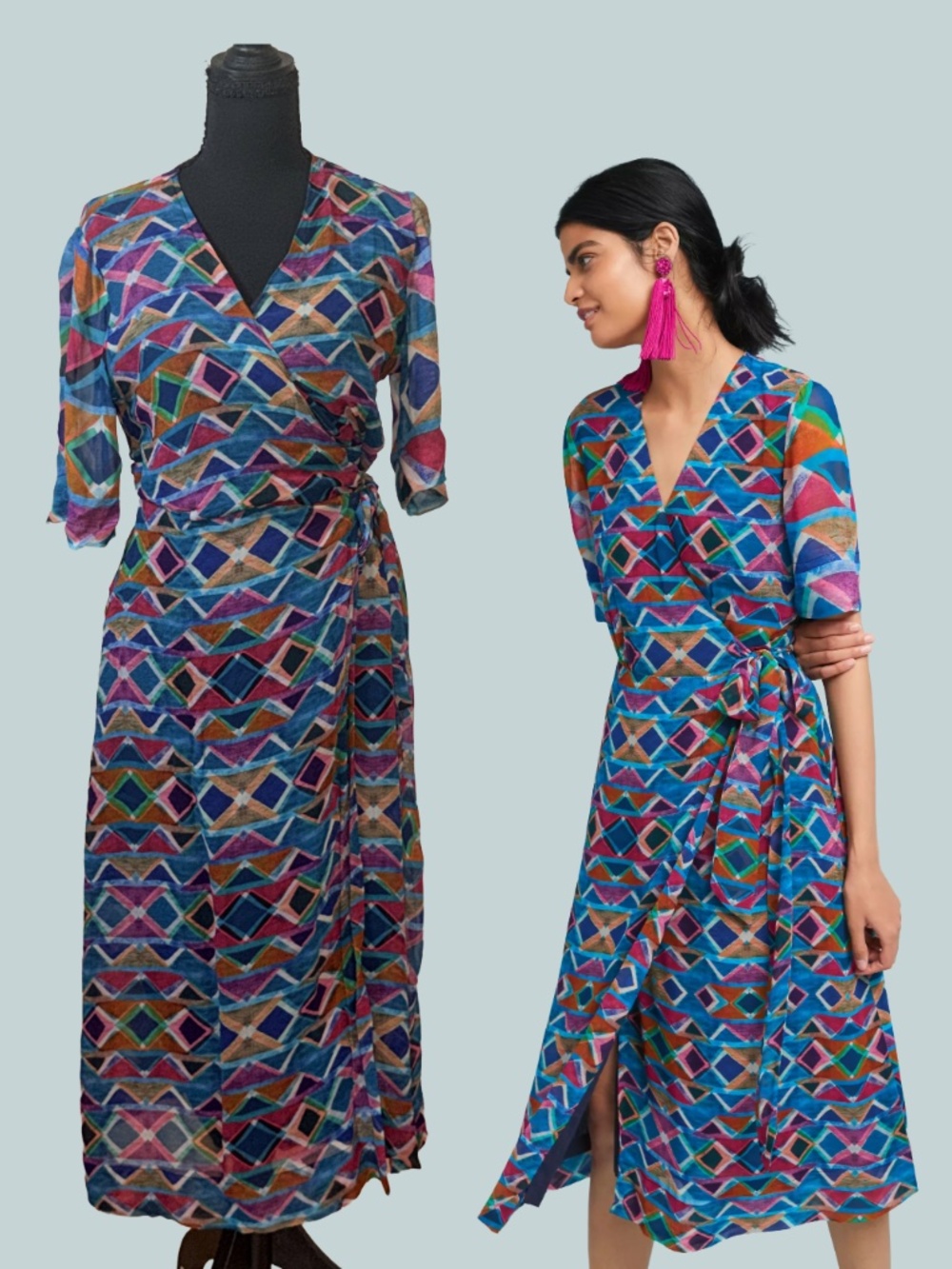 Anthropologie Condition Apply Timara Wrap Maxi Dress Geometric Print V-Neck Boho